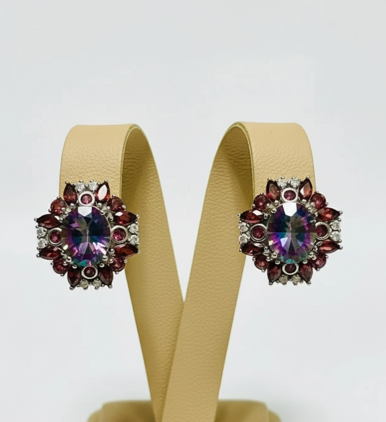 Mystic Topaz and Garnet Sterling Silver Earrings