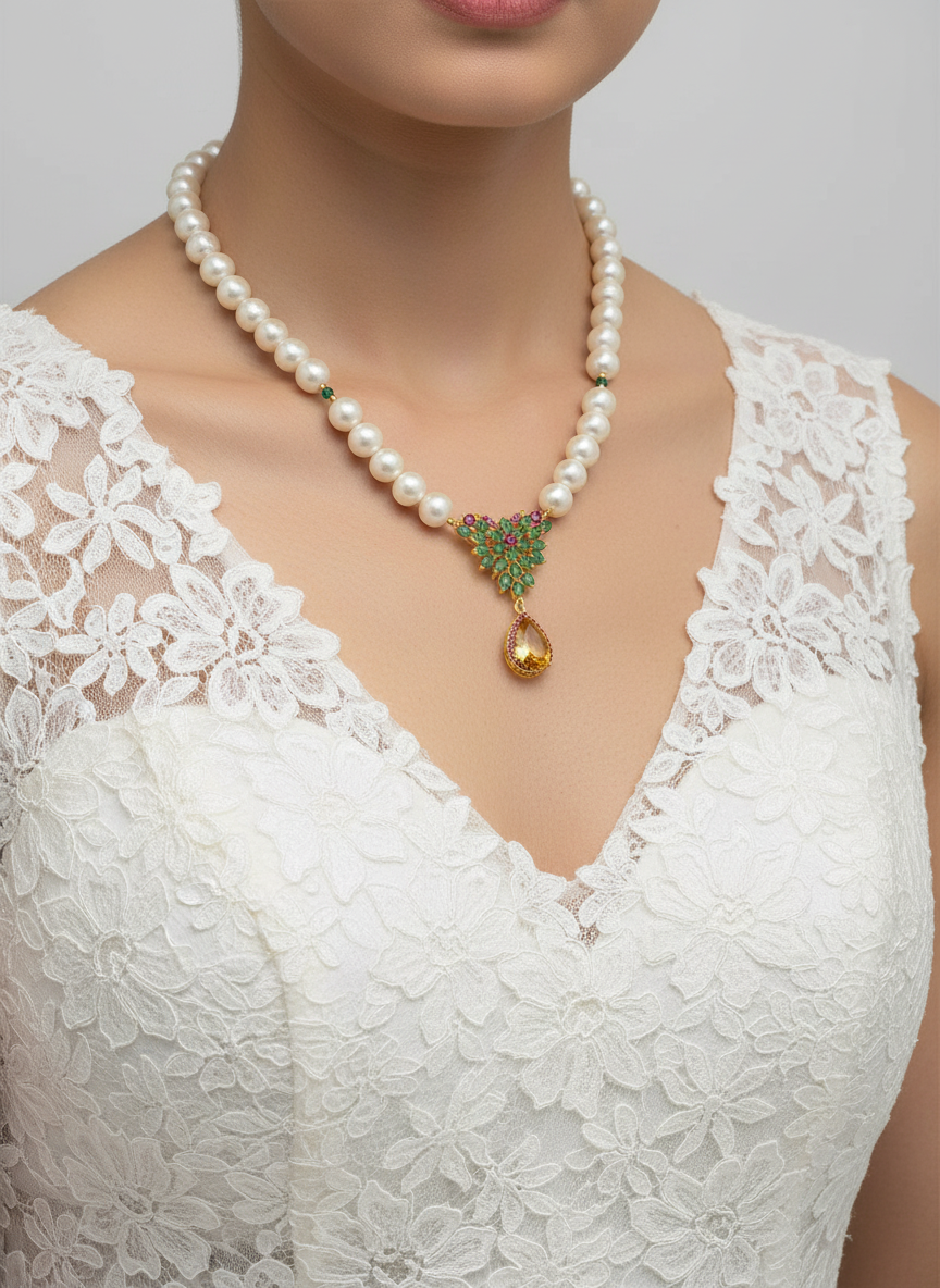 Colombian Emerald, Ruby and citrine along with south sea pearls necklace