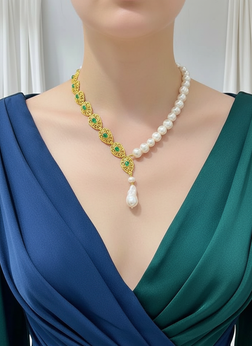 Handmade Natural Emerald and South Sea Pearls necklace