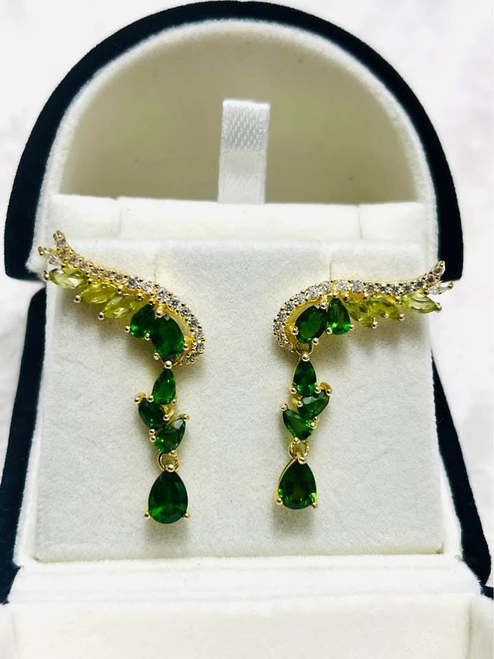 Beautiful peridot and chrome diopside drop earrings with an angel wing motif, gold accent.