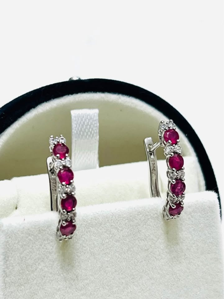 1.40 Cttw pink ruby and white sapphire hoop earrings, 925 sterling silver, showcasing details.