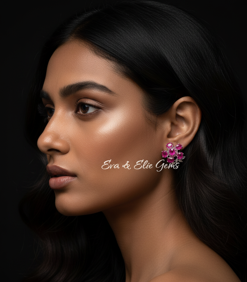 Artisan Lily Flower Earrings with Natural Rubies