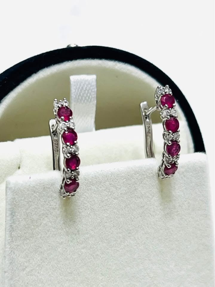  Elegant 1.40 Cttw pink ruby and white sapphire hoop earrings, 925 sterling silver.