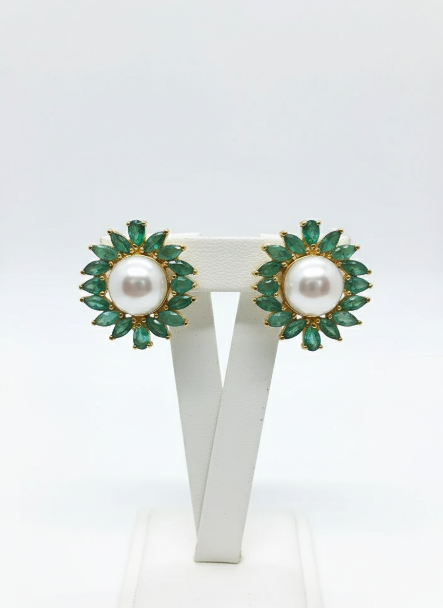 Natural Sterling Silver South Sea Pearl Emerald Earrings