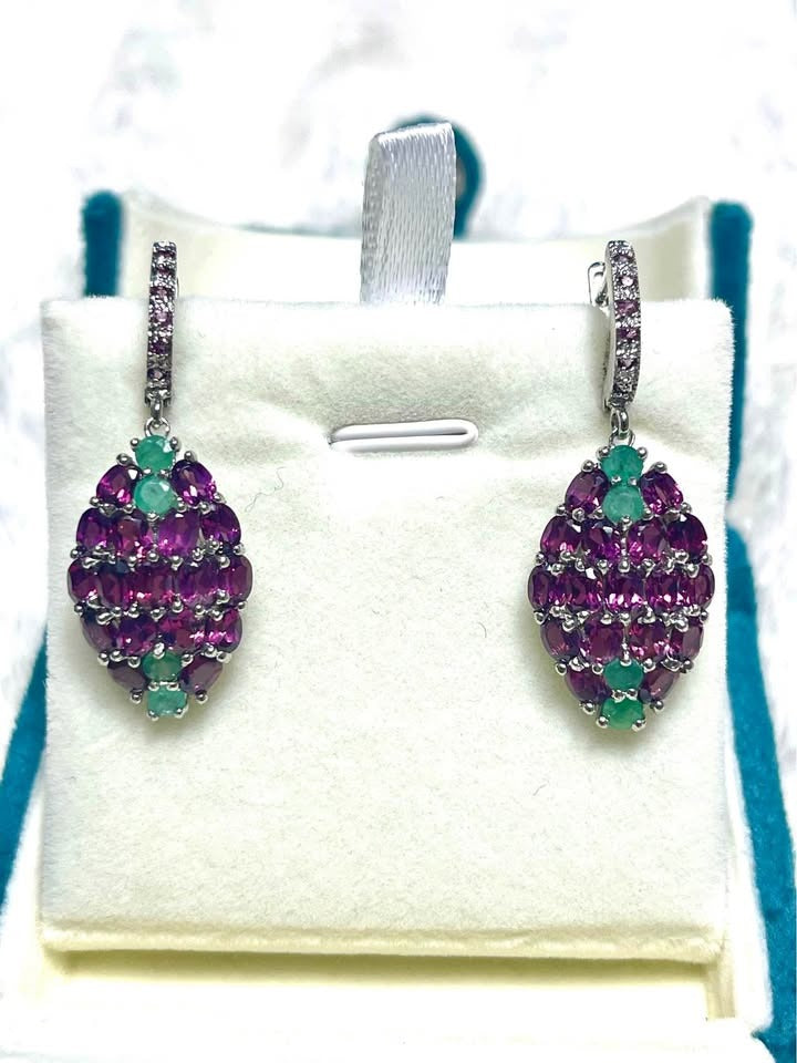  Stunning statement earrings with a cluster of natural rhodolite garnet and emerald gemstones.