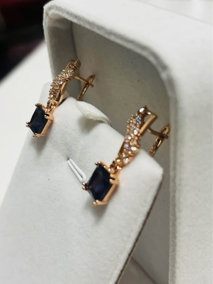 14k rolled gold dangle earrings with a square-cut amethyst and a pave crystal top.
