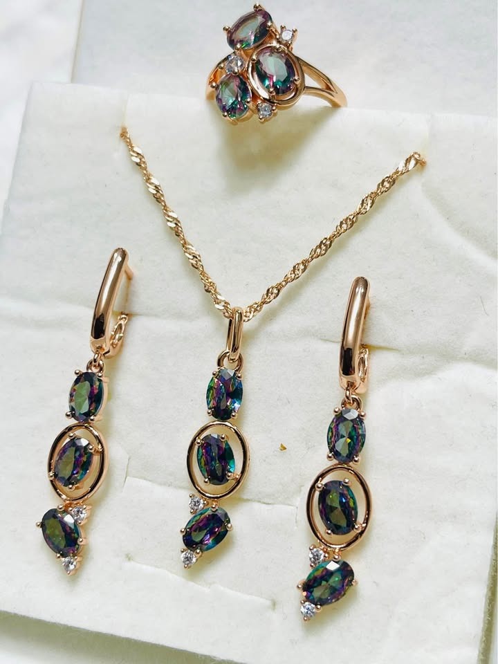 Close-up of a stunning rose gold mystic topaz jewelry set, showcasing the colorful gems and intricate design.