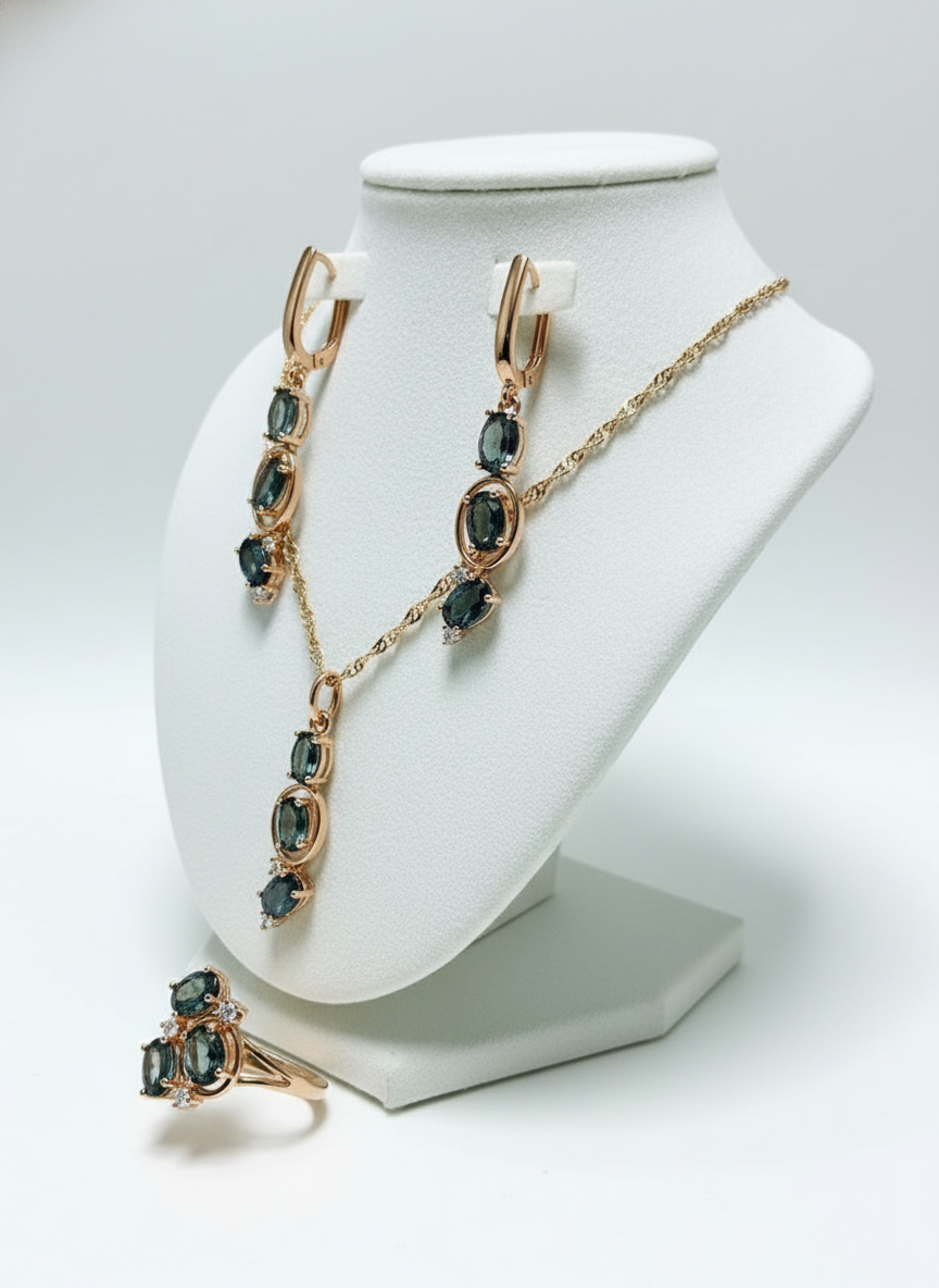 3pcs: Mystic Topaz Three-Stone Jewelry Set — 14K Rolled Gold (585 RG)