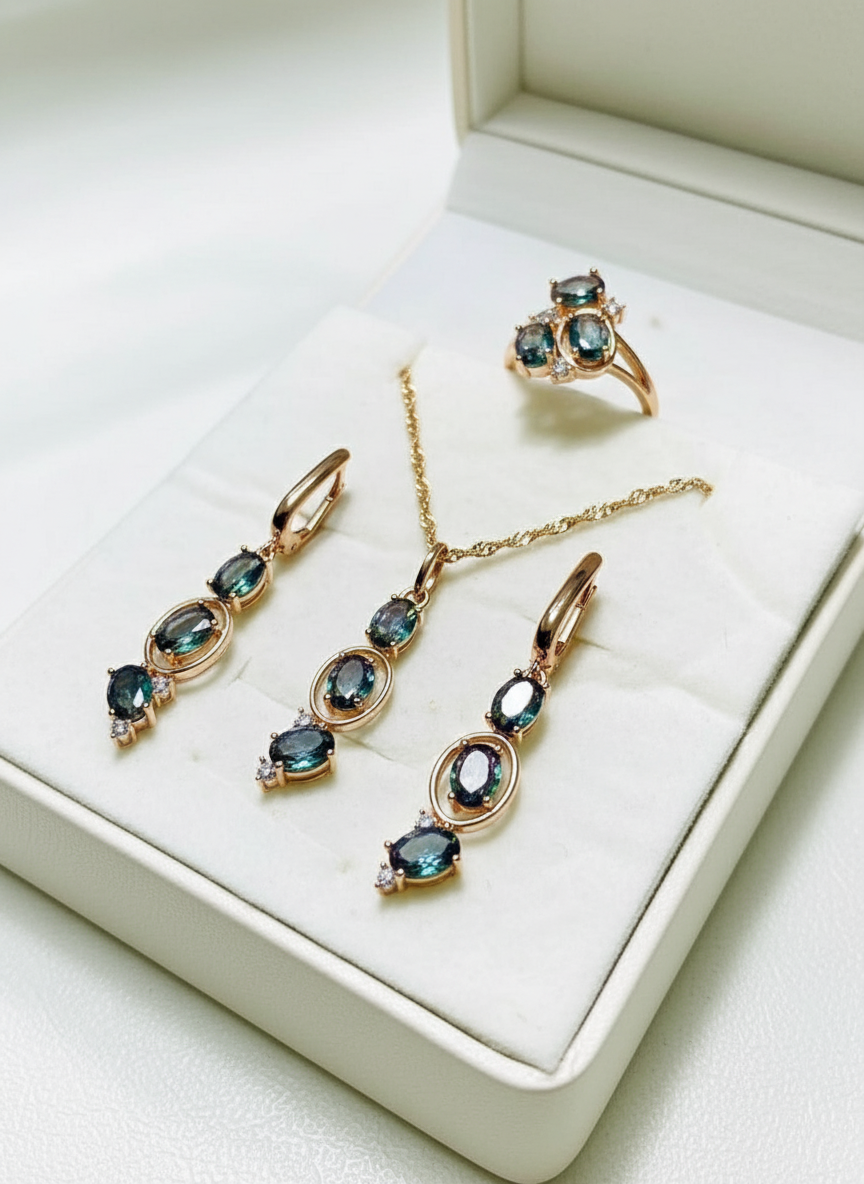 3pcs: Mystic Topaz Three-Stone Jewelry Set — 14K Rolled Gold (585 RG)