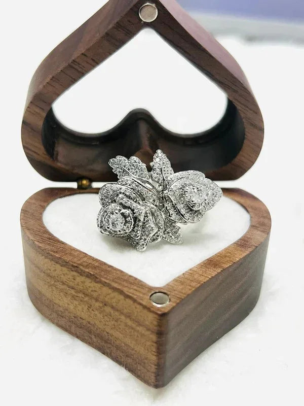 Stunning rose-shaped gold vermeil CZ statement ring, perfectly displayed in a heart-shaped wooden gift box.