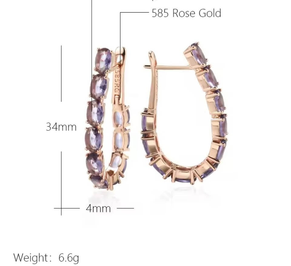 Detailed image of 14K (585RG) rose gold amethyst hoop earrings with size 34x4mm and weight 6.6g.