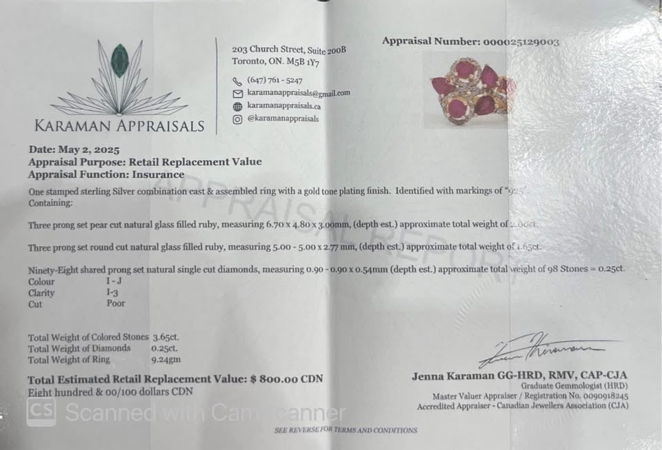  Official appraisal certificate for a certified vintage-inspired ruby and diamond sterling silver ring.