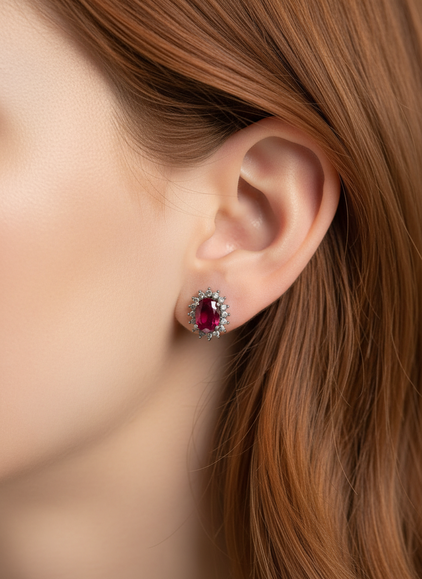 Handmade 6x4mm Ruby and Diamond Stud Earrings