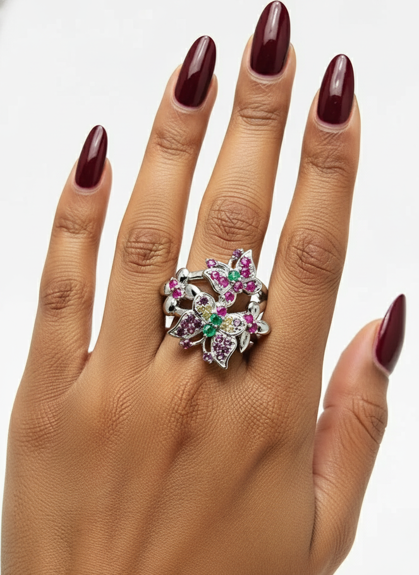 Whimsical Elegance – Ruby & Emerald Butterfly Ring