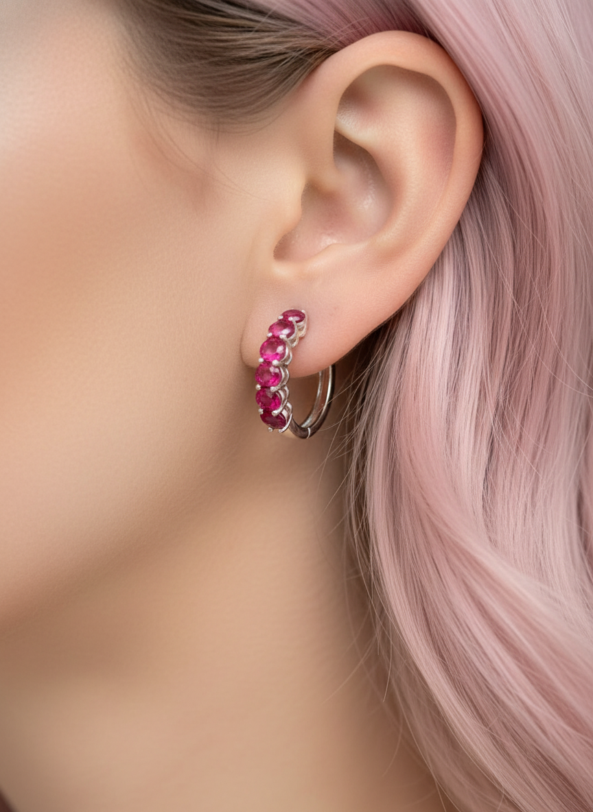 Natural Sterling Silver Ruby Huggy Hoop earrings