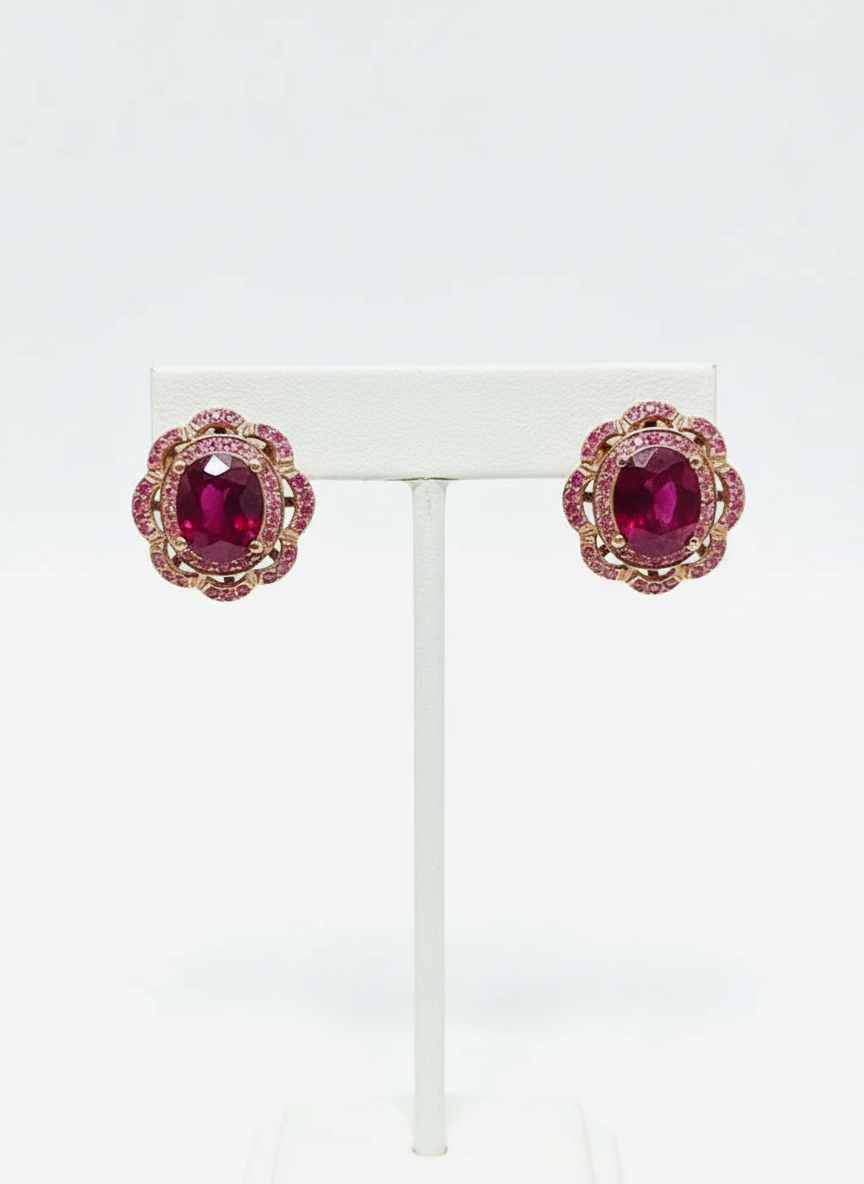 Handmade Burmese Ruby and Pink Sapphire Halo Earrings