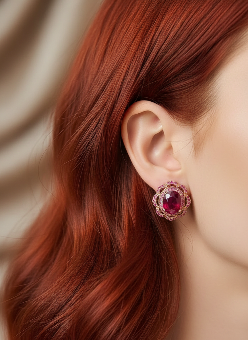 Handmade Burmese Ruby and Pink Sapphire Halo Earrings
