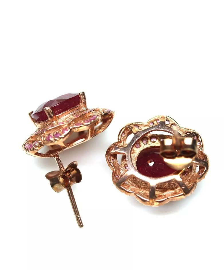 Side and back view of ruby and pink sapphire earrings, highlighting the stud and setting.