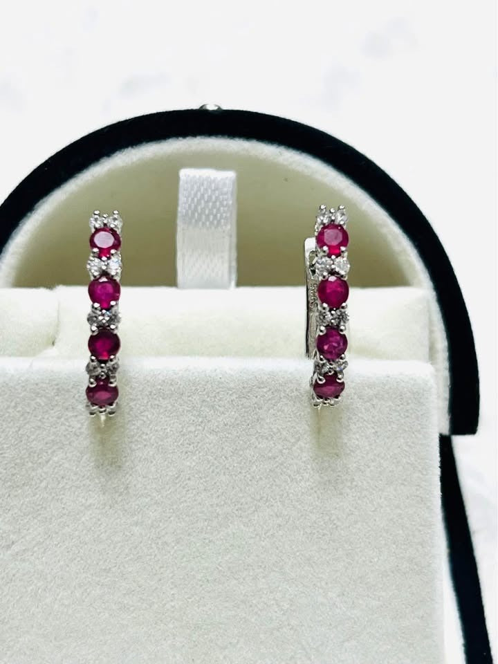  Front view of 1.40 Cttw pink ruby & white sapphire hoop earrings, 925 sterling silver.