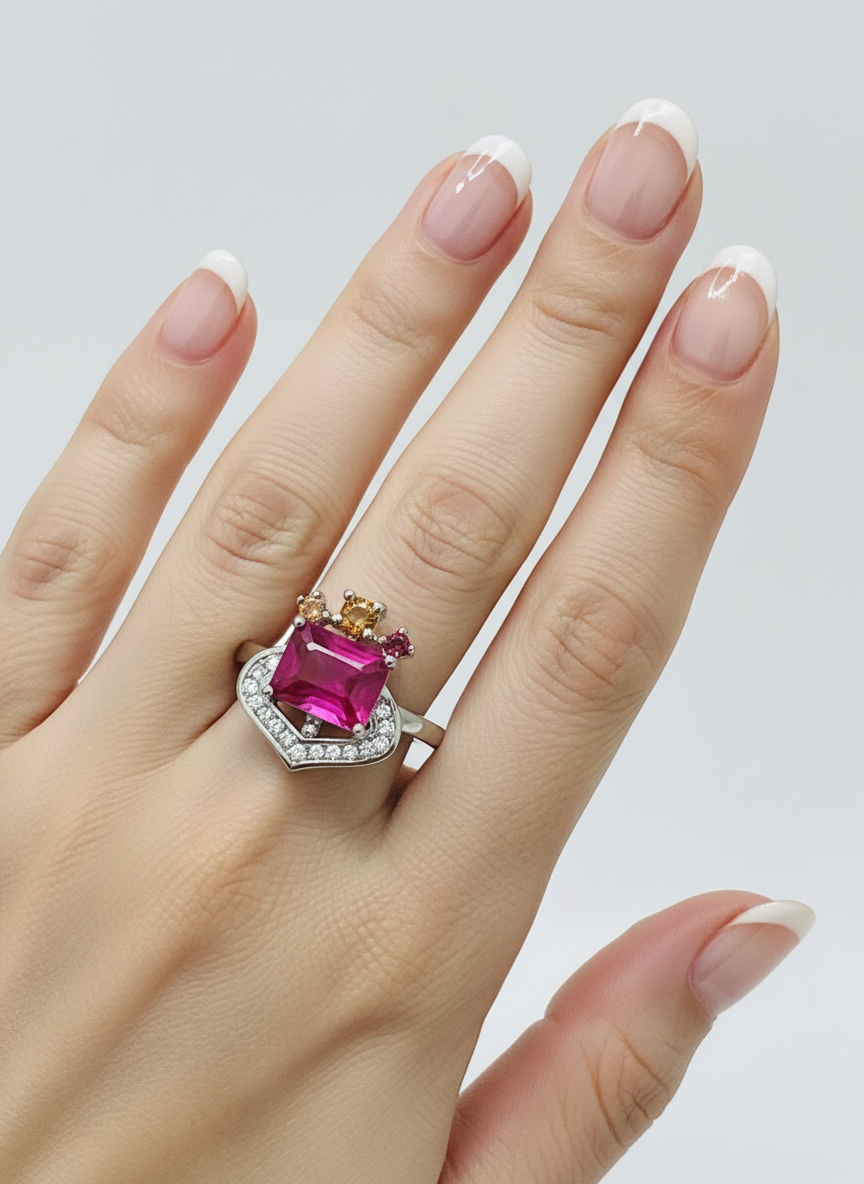Handmade Emerald-Cut Ruby & Sapphire Crown-Style Ring