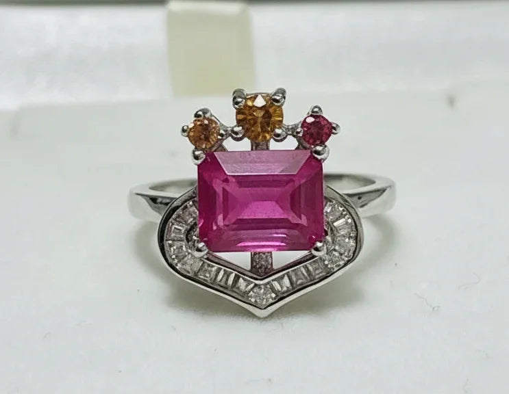 Handmade Emerald-Cut Ruby & Sapphire Crown-Style Ring