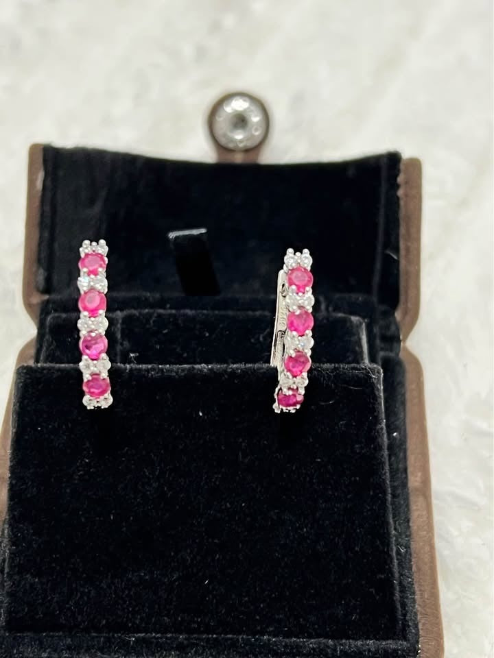 1.40 Cttw pink ruby and white sapphire hoop earrings in 925 sterling silver, in gift box.