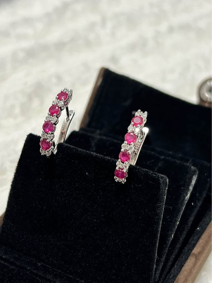 1.40 Cttw pink ruby and white sapphire hoop earrings, 925 sterling silver, in open box.