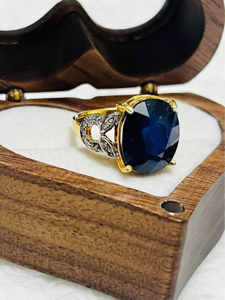 Royal blue sapphire and natural diamond ring, 6 CTW, sterling silver with gold accents, in a heart box.