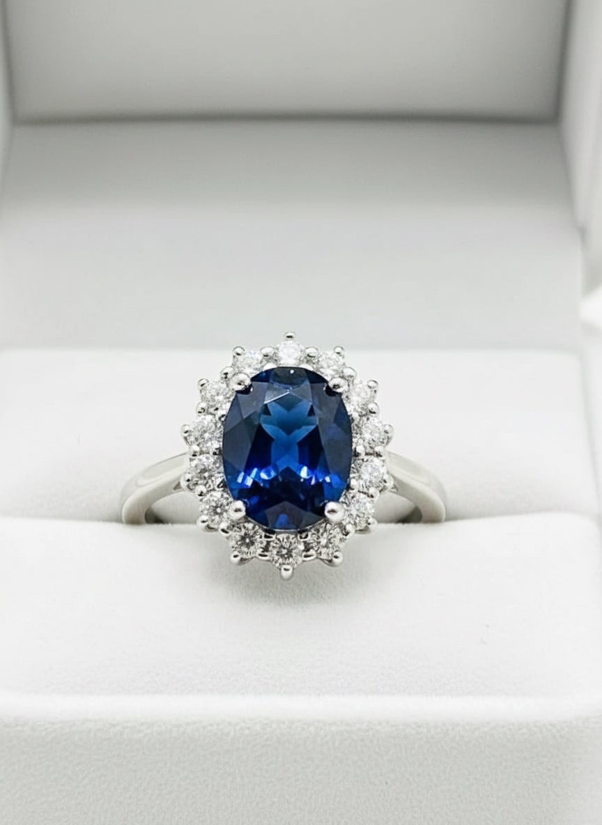 Close-up detail of the stunning sapphire Diana ring, highlighting the deep blue stone and surrounding halo.
