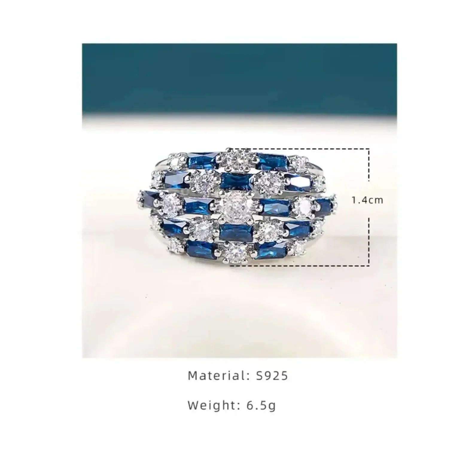 Image showing the dimensions, S925 material, and weight (6.5g) of the sapphire statement ring.