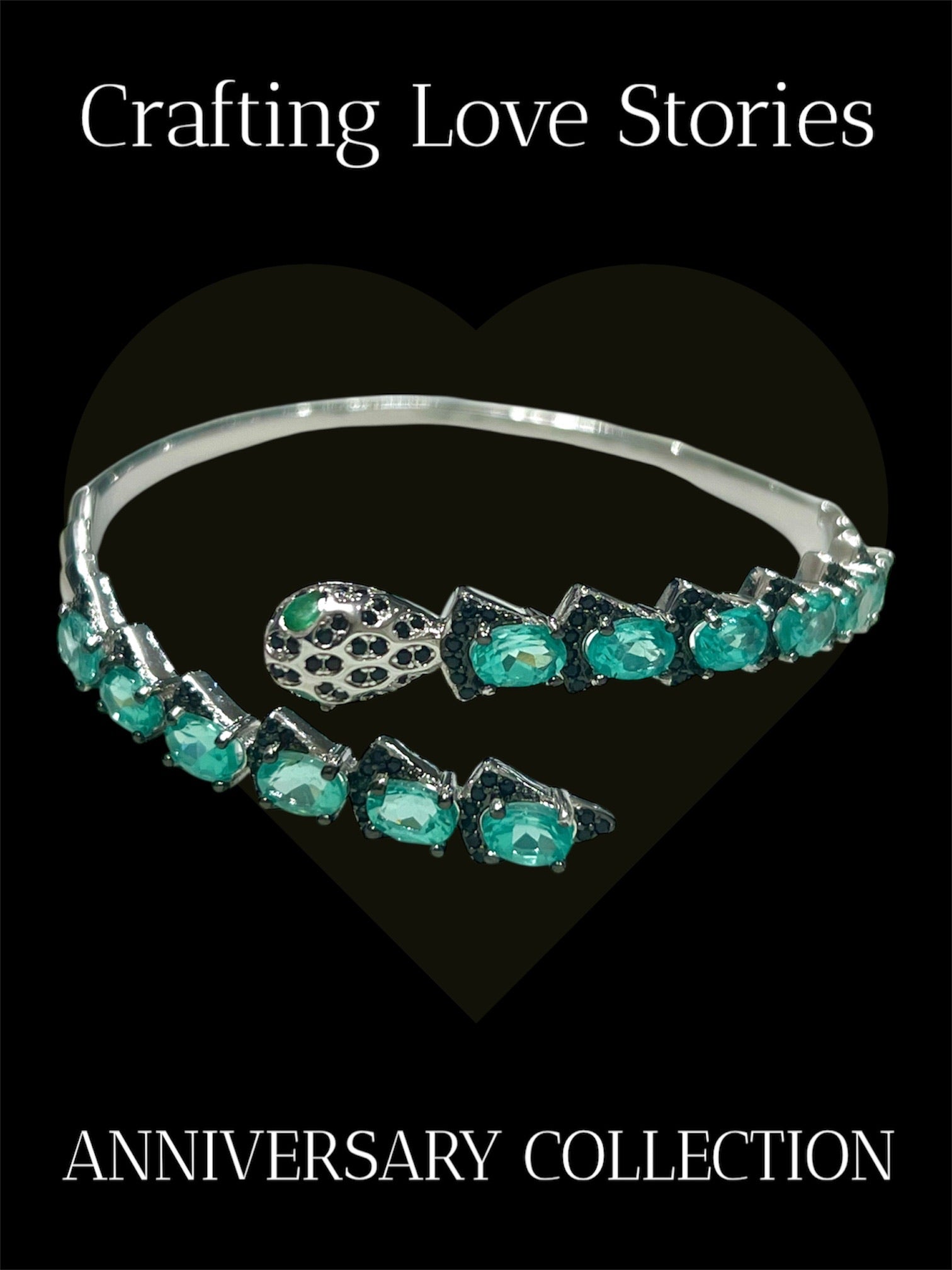Silver snake head bracelet with apatite and Spinel gemstones on a black background with text 'Crafting Love Stories' and 'Anniversary Collection'.