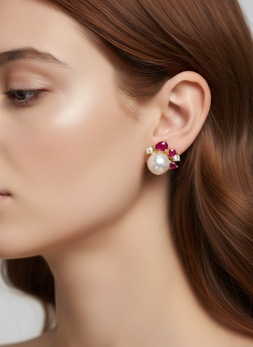 Ruby Swirl & South Sea Pearl Earrings – Asymmetrical Artistry
