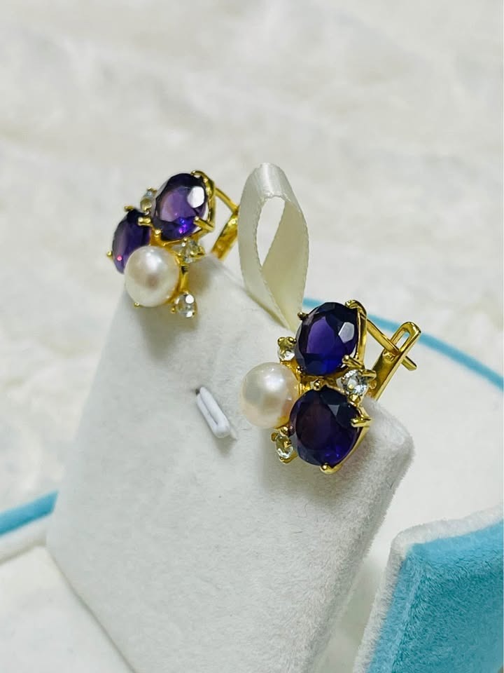 Front view of natural sterling silver amethyst and pearl earrings, showcasing the unique design and craftsmanship.