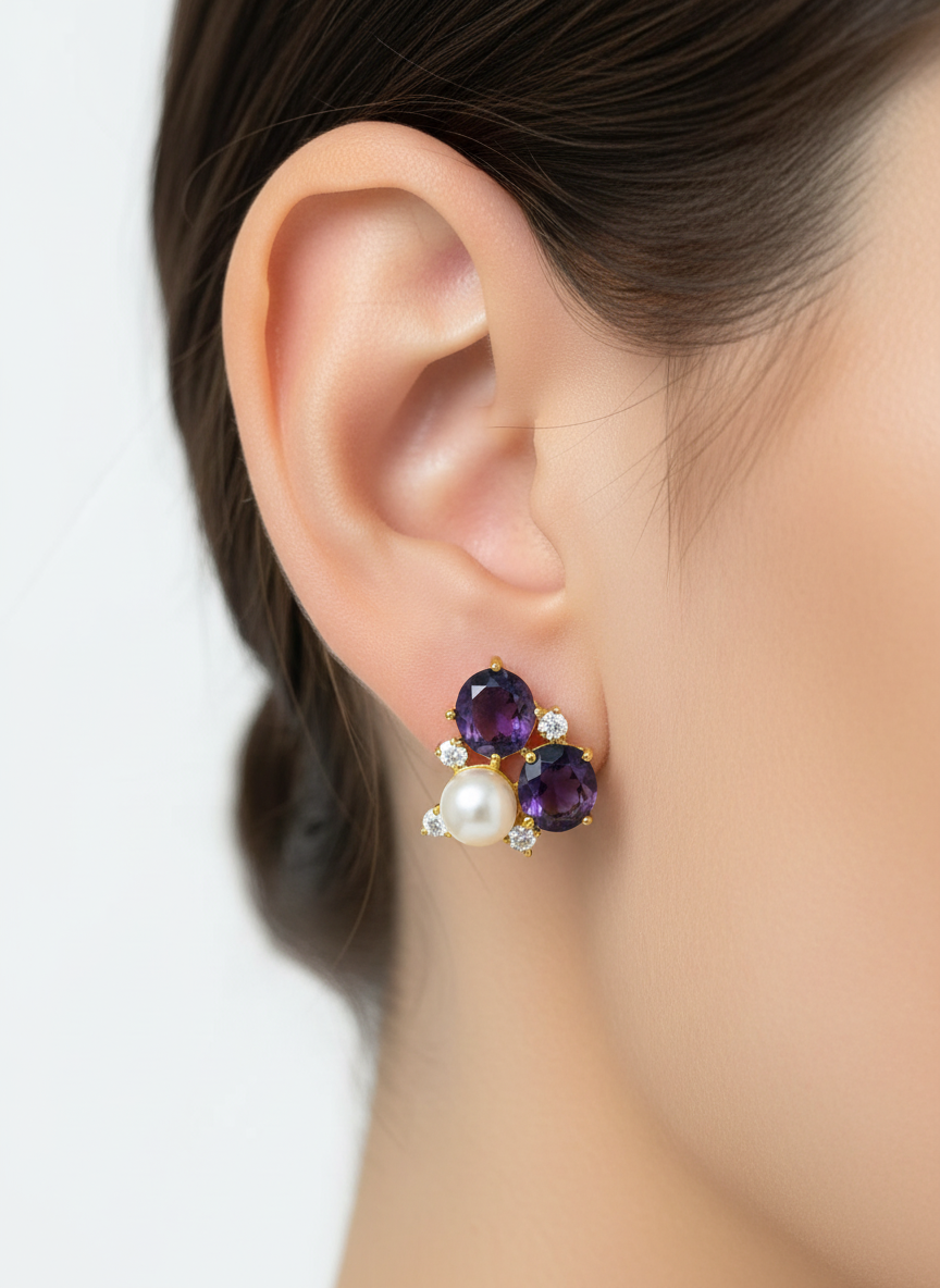 Handmade Natural Sterling Silver Amethyst and Pearl PetiteEarrings