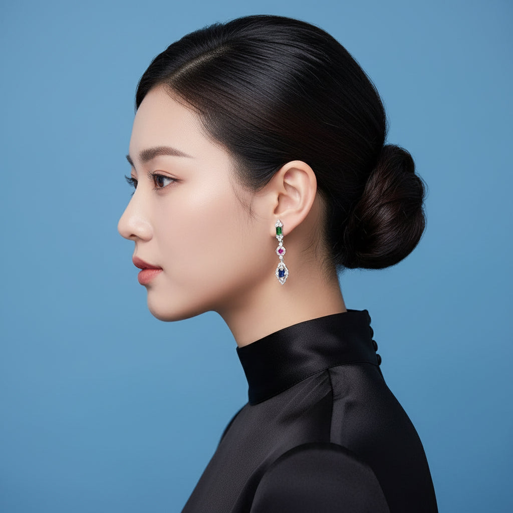 Sterling silver dangle earrings on an ear, featuring natural emerald, ruby, and sapphire gemstones.