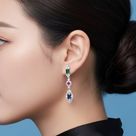 Sterling Silver Emerald, Ruby and Sapphire Earrings