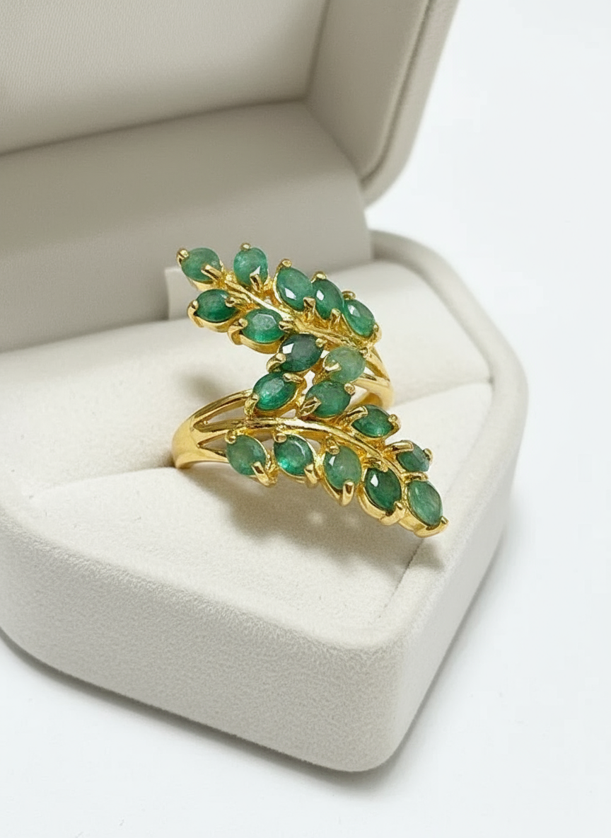 Handmade Colombian Emerald Leaf Ring- Sterling Silver