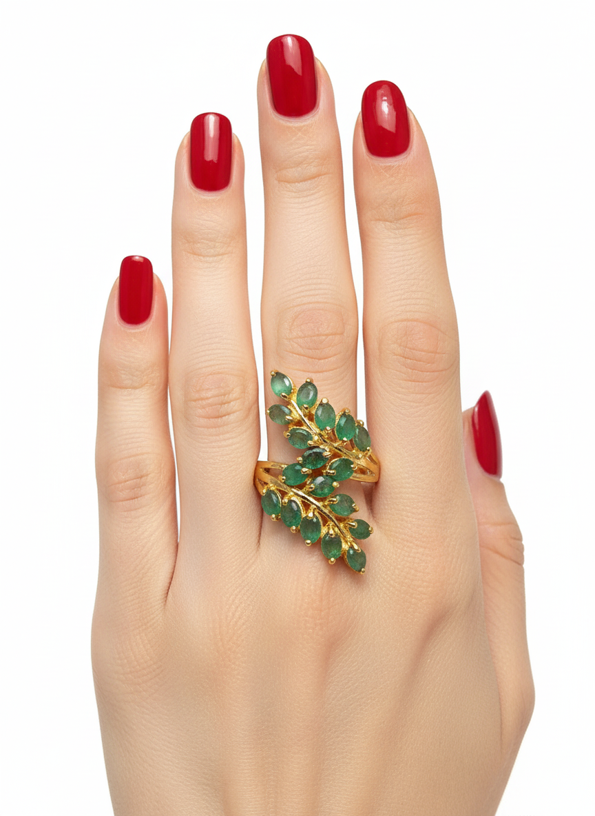 Handmade Colombian Emerald Leaf Ring- Sterling Silver