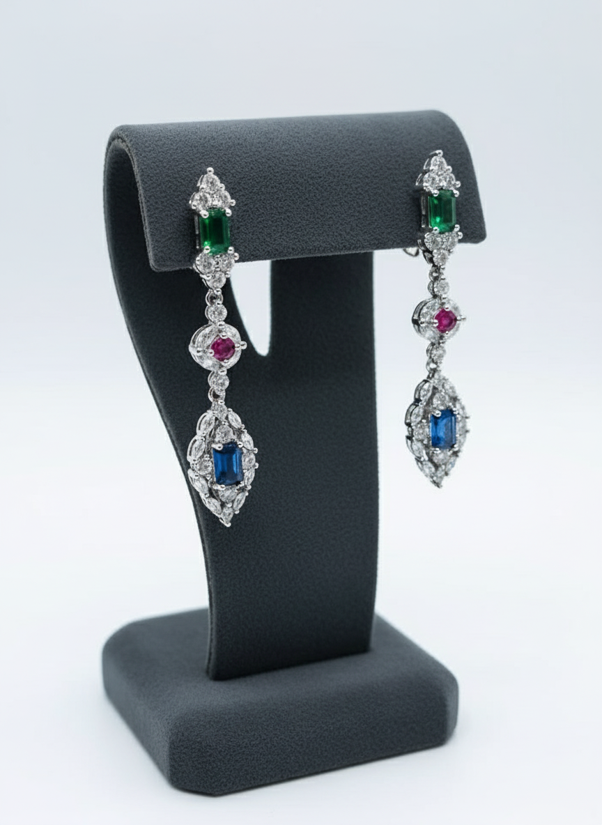 Sterling Silver Emerald, Ruby and Sapphire Earrings