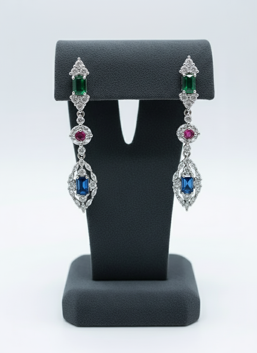Sterling Silver Emerald, Ruby and Sapphire Earrings