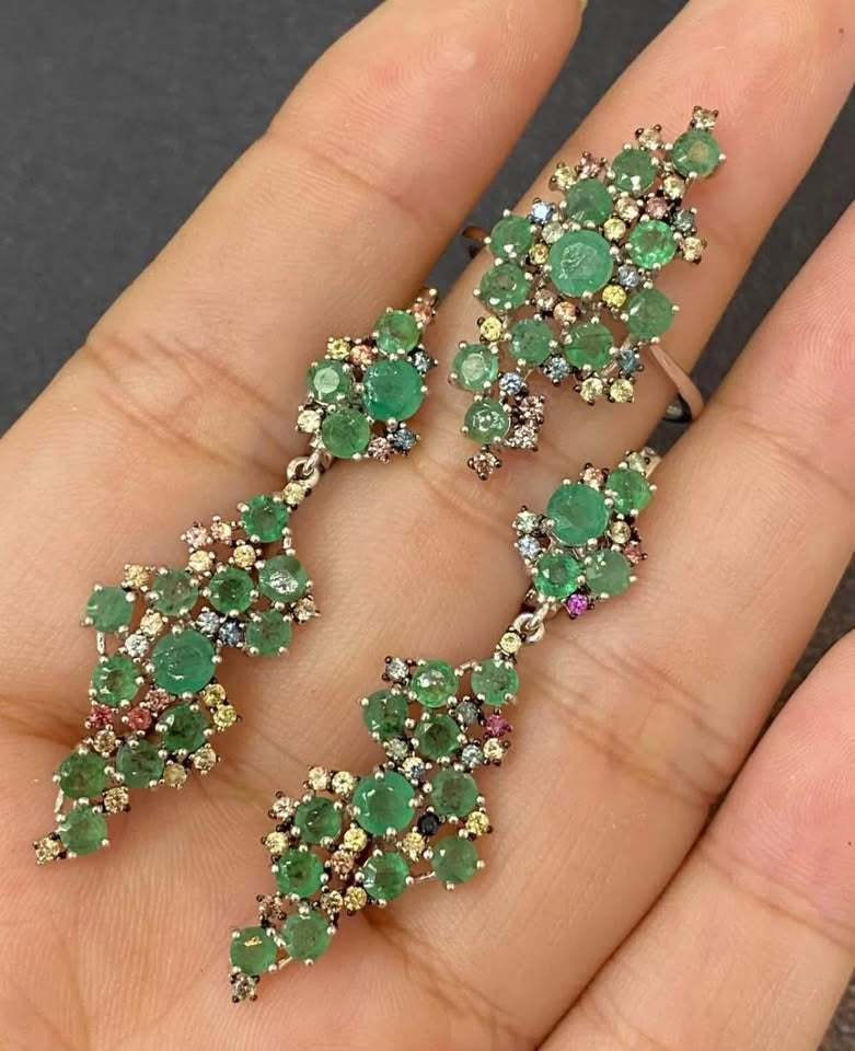 Sterling silver drop earrings with natural emerald and blue sapphire gemstones in a beautiful cluster design.