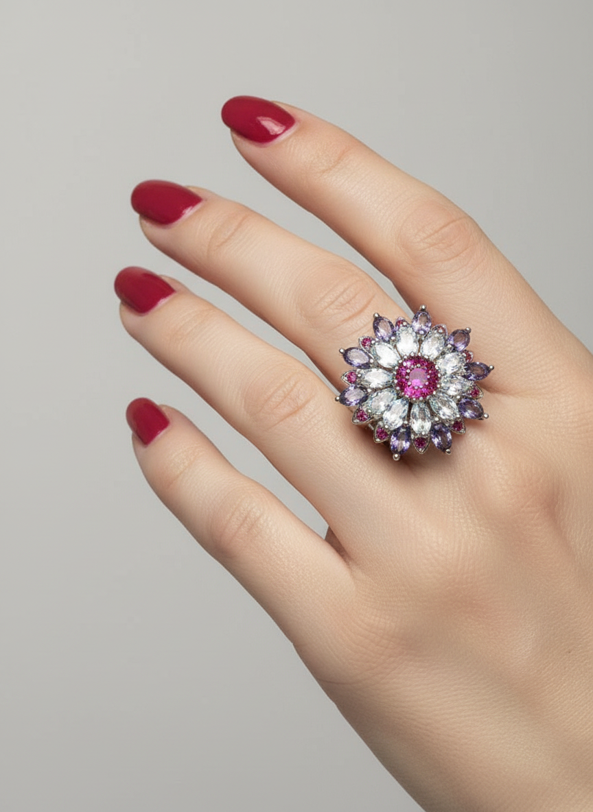 Blooming Garden Statement Ring – Aquamarine, Tanzanite & Garnet
