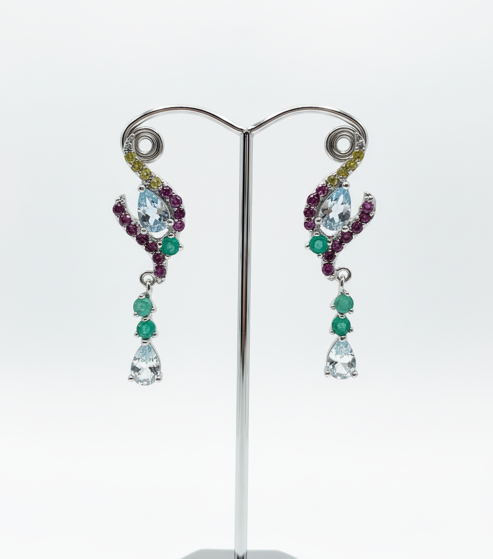 Handmade Aquamarine, Emerald and Garnet Earrings