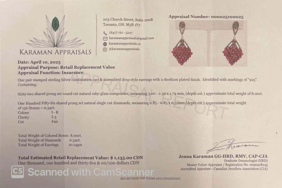 Appraisal report for sterling silver drop earrings with natural ruby-glass composites and natural cut diamonds.