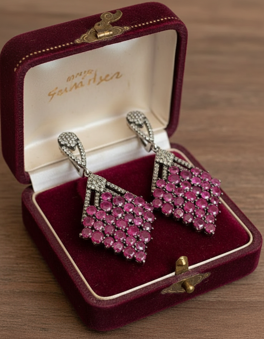 Handmade Genuine Rubies and Diamond Earrings and Ring