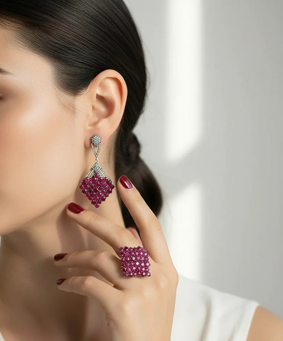 Handmade Genuine Rubies and Diamond Earrings and Ring