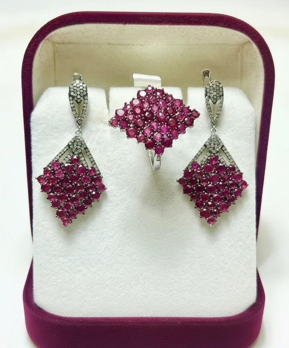 Handmade Genuine Rubies and Diamond Earrings and Ring