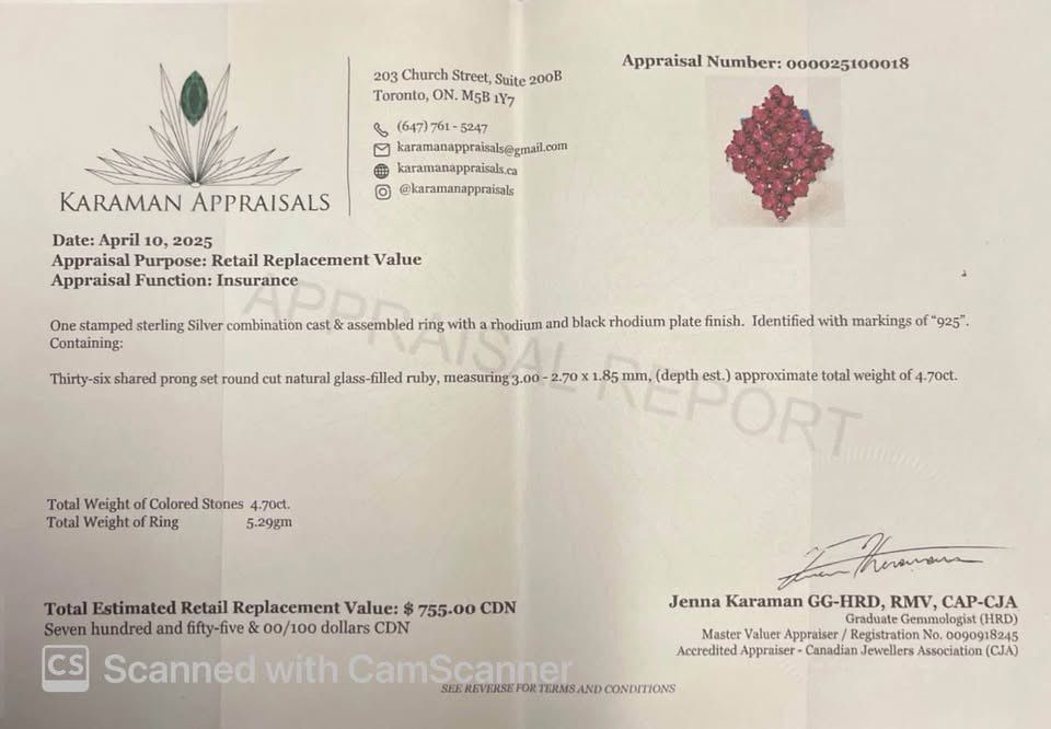 Karaman Appraisals report for a sterling silver ring with natural rubies, showing the details and replacement value.