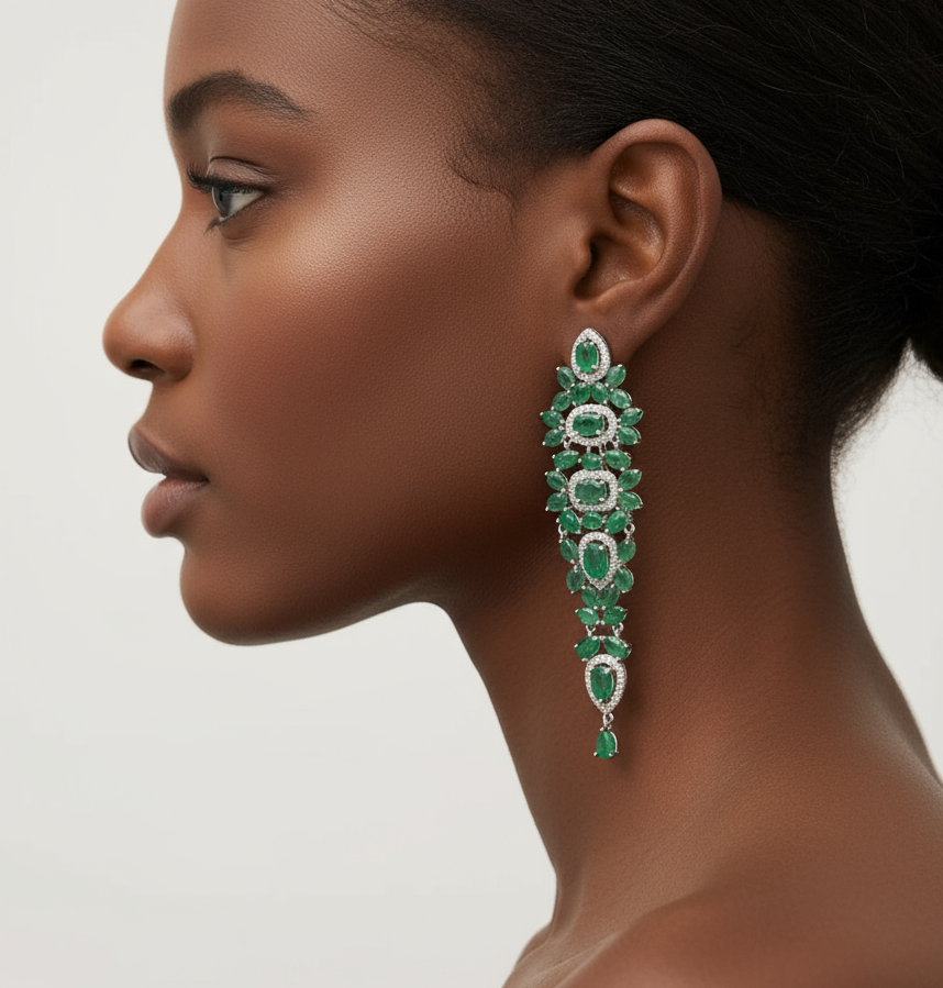 Natural Colombian Emerald  Fancy Artisan Made Earrings
