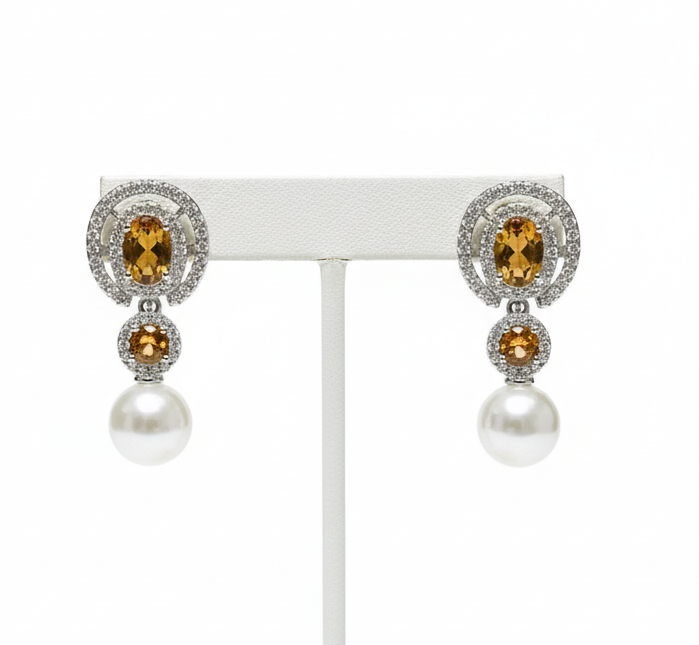 Handmade Citrine and Pearl Drop Earrings